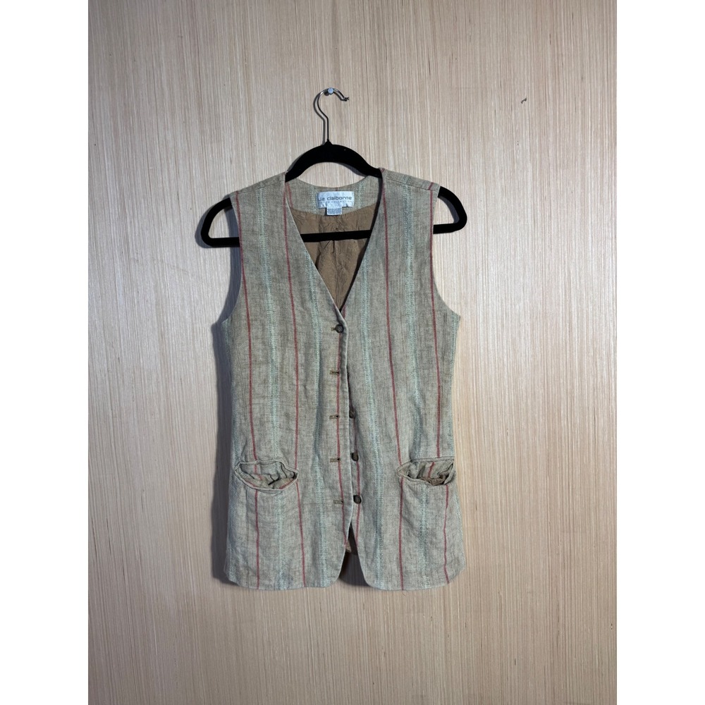 Liz Claiborne Vintage Linen Vest Beige Red Striped Button Front Waistcoat